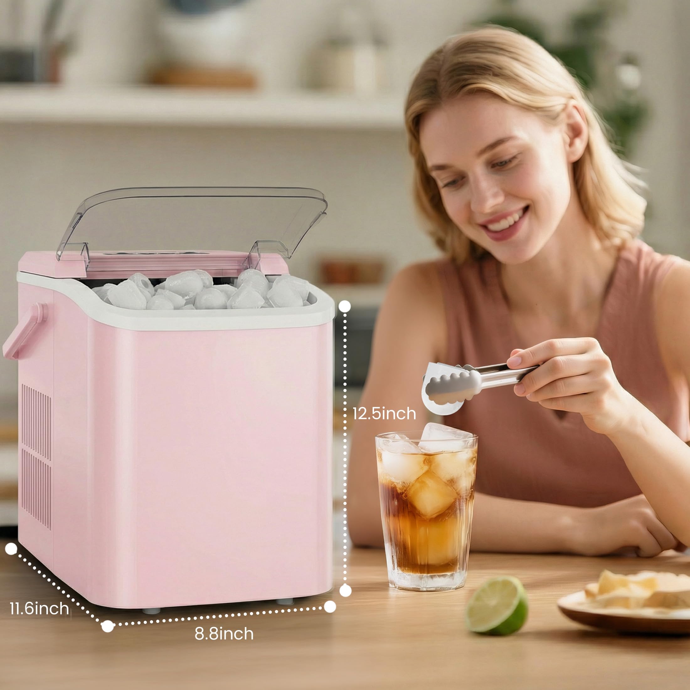 Ice Makers Countertop with Handle, Portable Ice Machine, 9 Bullet Cubes in 6 Mins, 26lbs in 24Hrs, Auto-Cleaning, with Basket and Scoop, for Home, Kitchen, RV, Camping,