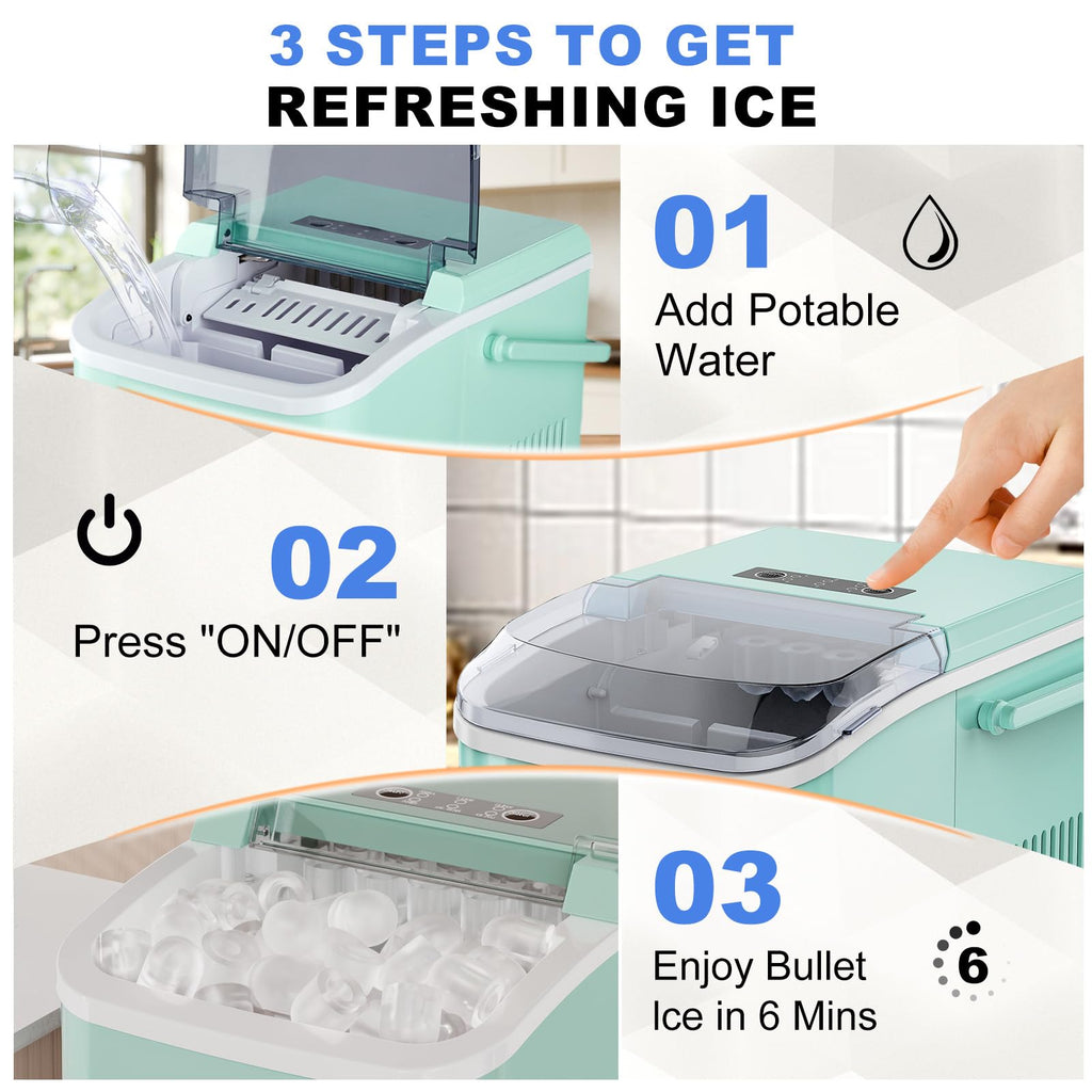 Ice Makers Countertop with Handle, Portable Ice Machine, 9 Bullet Cubes in 6 Mins, 26lbs in 24Hrs, Auto-Cleaning, with Basket and Scoop, for Home, Kitchen, RV, Camping,