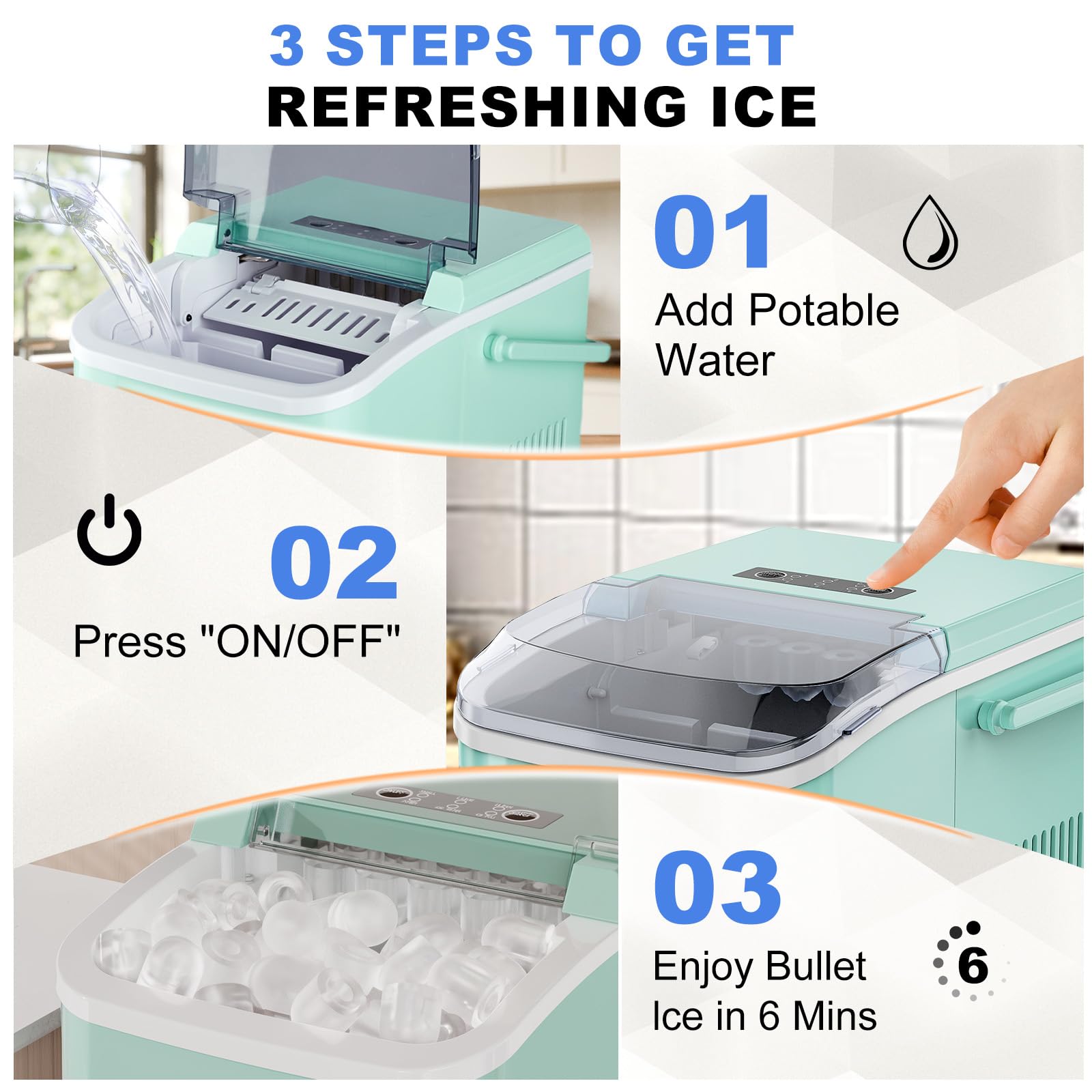 Ice Makers Countertop with Handle, Portable Ice Machine, 9 Bullet Cubes in 6 Mins, 26lbs in 24Hrs, Auto-Cleaning, with Basket and Scoop, for Home, Kitchen, RV, Camping,