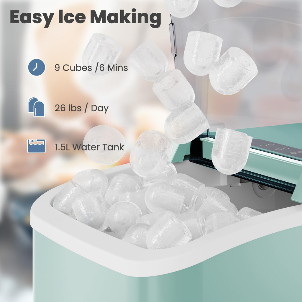 Countertop Ice Maker with Handle, 26lbs/24H Portable Ice Machine, 9 Bullet Cubes Ready in 6 Mins, Self-Cleaning, Quiet Compact for Home, Kitchen, RV, Camping,