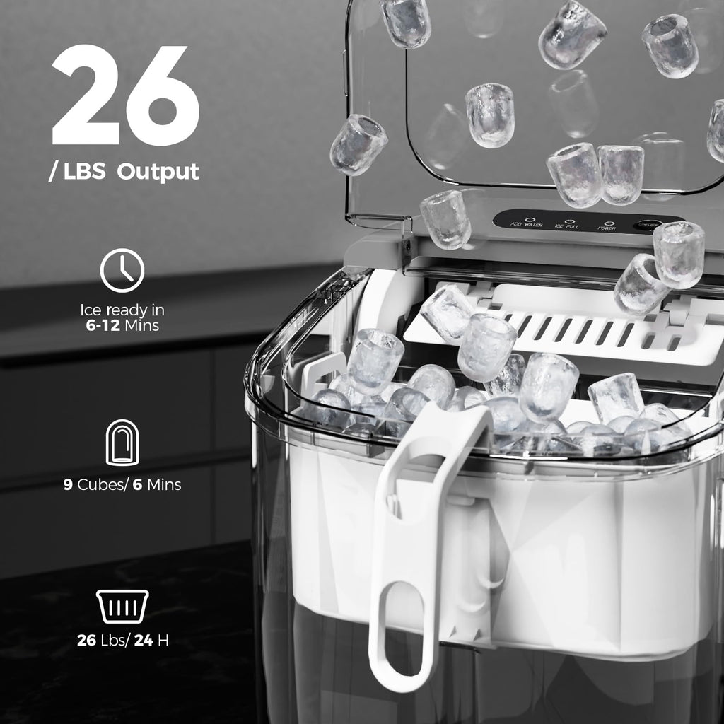 Ice Makers Countertop with Handle, 2 Sizes of Ice, 9 Bullet Ice Cubes in 6 Mins, 26Lbs/24H, Portable Ice Maker with Self-Cleaning, Ice Machine for Home&Kitchen&Office&Party
