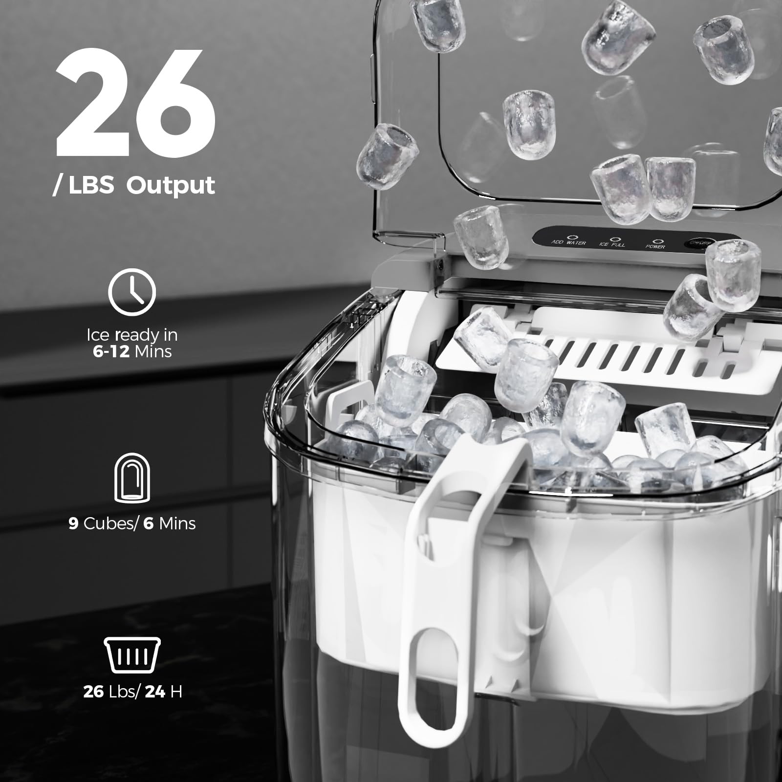 Ice Makers Countertop with Handle, 2 Sizes of Ice, 9 Bullet Ice Cubes in 6 Mins, 26Lbs/24H, Portable Ice Maker with Self-Cleaning, Ice Machine for Home&Kitchen&Office&Party
