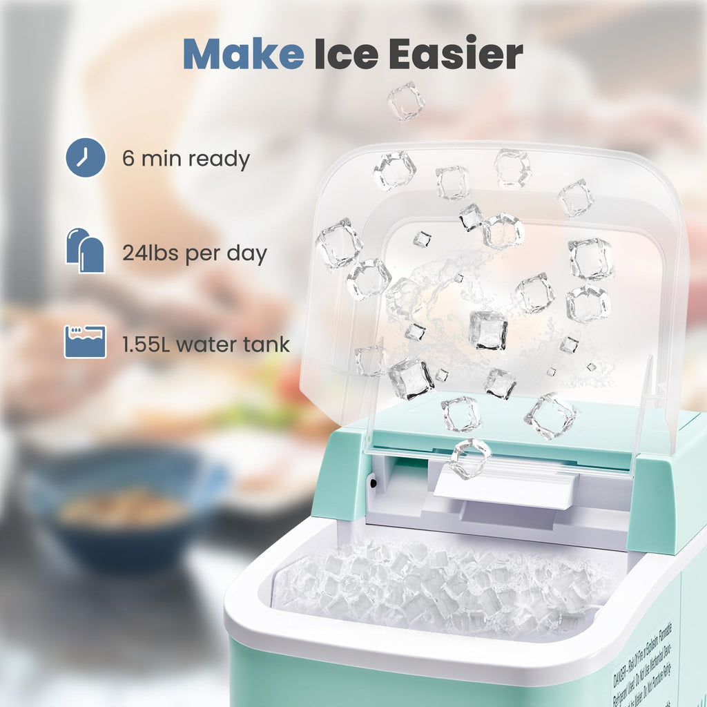 Countertop Ice Maker with Handle, 26lbs/24H Portable Ice Machine, 9 Bullet Cubes Ready in 6 Mins, Self-Cleaning, Quiet Compact for Home, Kitchen, RV, Camping,