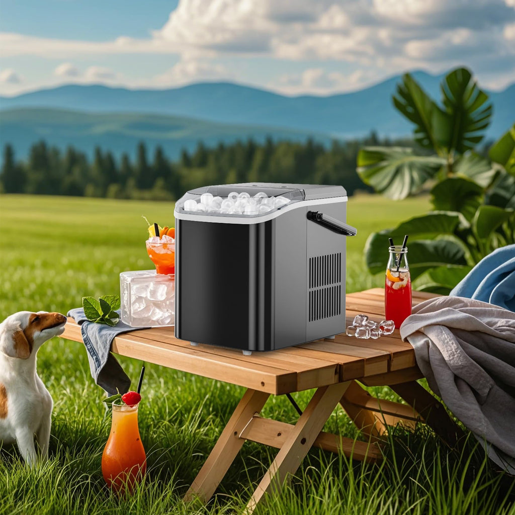 Ice Makers Countertop with Handle, Portable Ice Machine, 9 Bullet Cubes in 6 Mins, 26lbs in 24Hrs, Auto-Cleaning, with Basket and Scoop, for Home, Kitchen, RV, Camping,