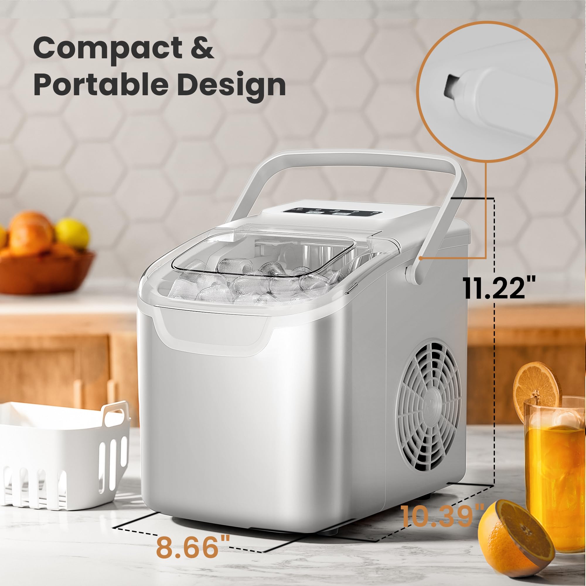 Ice Makers Countertop with Handle, 2 Sizes of Ice, 9 Bullet Ice Cubes in 6 Mins, 26Lbs/24H, Portable Ice Maker with Self-Cleaning, Ice Machine for Home&Kitchen&Office&Party