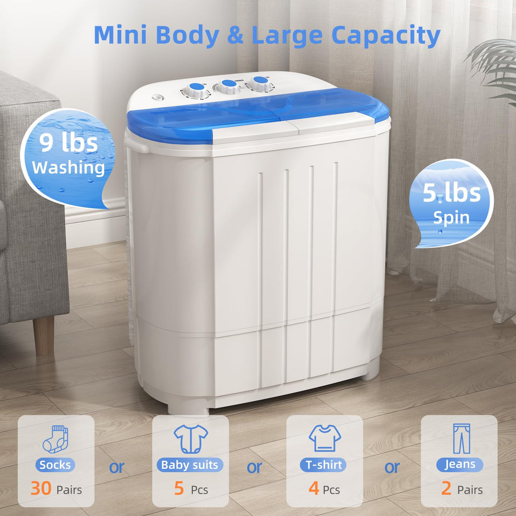 Portable Washing Machine, Twin Tub Washing Machine Laundry Compact Washer spinner Combo with 14lbs capacity, 9Lbs Washer and 5Lbs Spinner dryer for Apartments RVs and Dorms