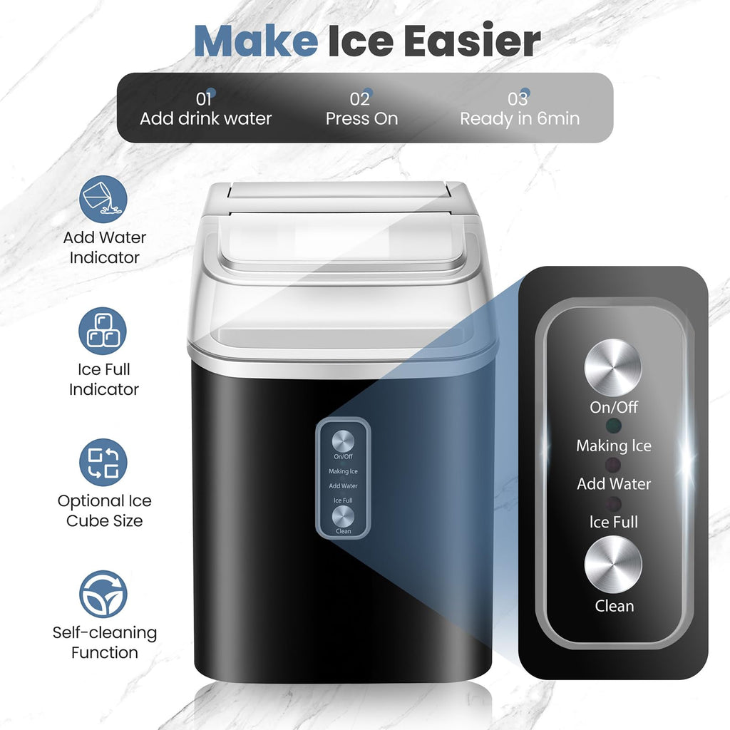 Countertop Ice Maker with Handle, 26lbs/24H Portable Ice Machine, 9 Bullet Cubes Ready in 6 Mins, Self-Cleaning, Quiet Compact for Home, Kitchen, RV, Camping,