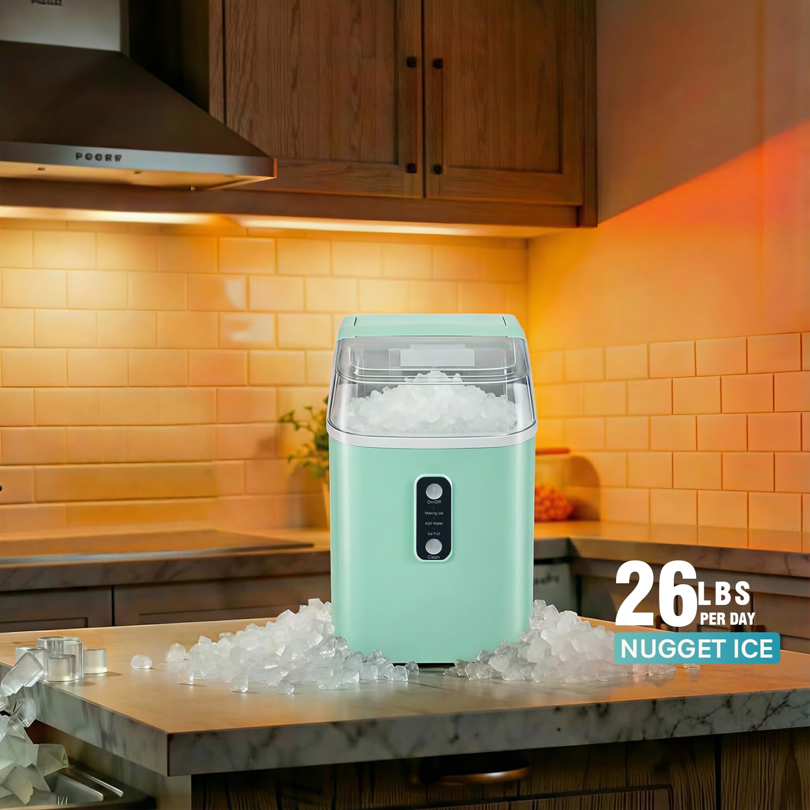 Nugget Ice Makers Countertop, Portable Nugget Ice Machine, Ready in 6 Mins, 24lbs in 24Hrs, Auto-Cleaning, with Basket and Scoop, for Home, Kitchen, RV, Camping, Black