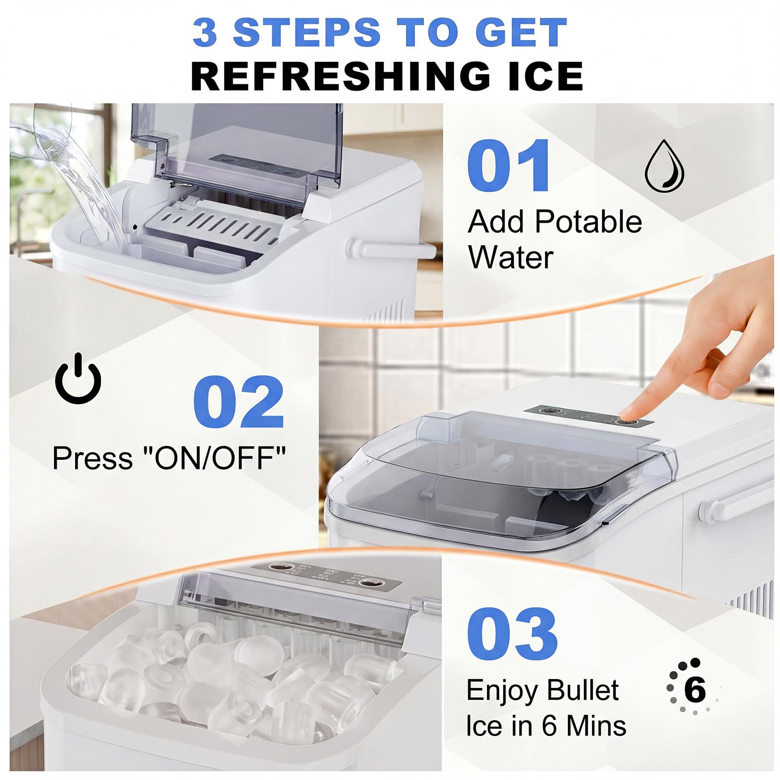 Ice Makers Countertop with Handle, Portable Ice Machine, 9 Bullet Cubes in 6 Mins, 26lbs in 24Hrs, Auto-Cleaning, with Basket and Scoop, for Home, Kitchen, RV, Camping,