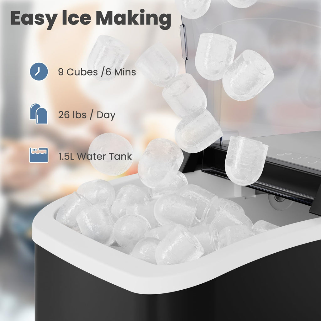 Countertop Ice Maker with Handle, 26lbs/24H Portable Ice Machine, 9 Bullet Ice Cubes Ready in 6 Mins, Self-Cleaning, Quiet Compact Ice Maker for Home, Kitchen, RV, Camping