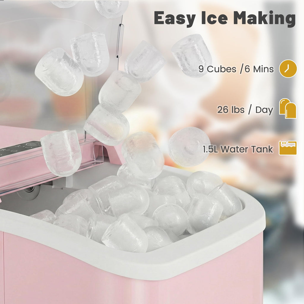 Ice Makers Countertop with Handle, Portable Ice Machine, 9 Bullet Cubes in 6 Mins, 26lbs in 24Hrs, Auto-Cleaning, with Basket and Scoop, for Home, Kitchen, RV, Camping,