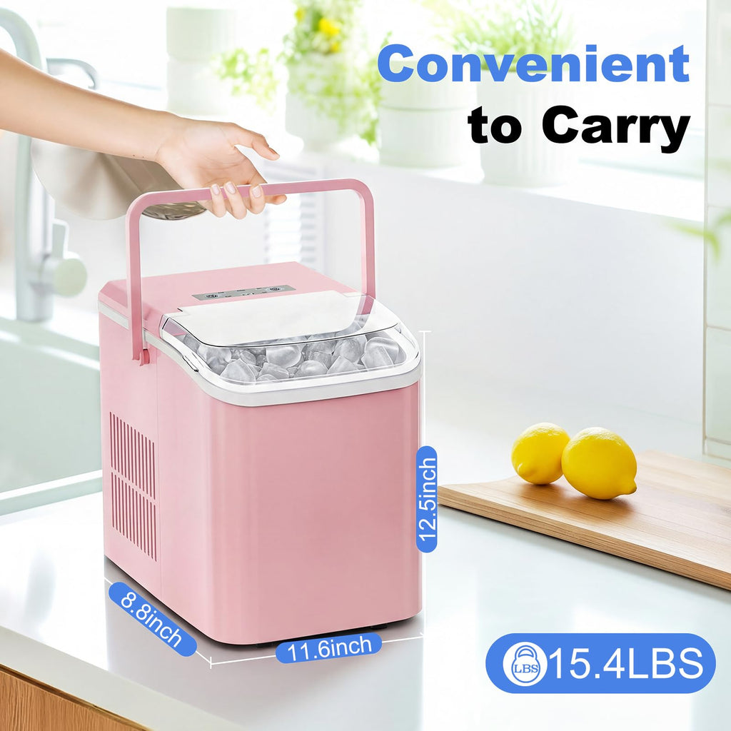 Ice Makers Countertop with Handle, Portable Ice Machine, 9 Bullet Cubes in 6 Mins, 26lbs in 24Hrs, Auto-Cleaning, with Basket and Scoop, for Home, Kitchen, RV, Camping,