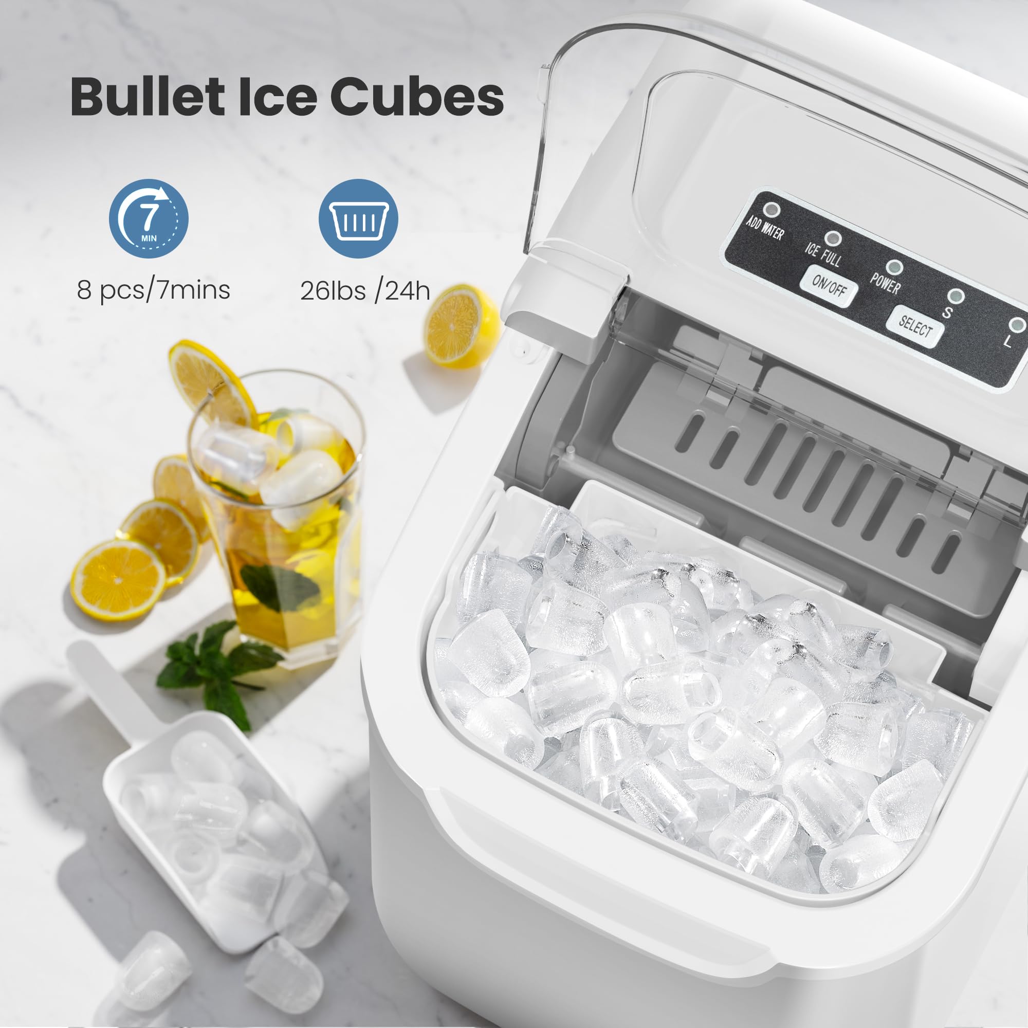 Ice Makers Countertop with Handle, 2 Sizes of Ice, 9 Bullet Ice Cubes in 6 Mins, 26Lbs/24H, Portable Ice Maker with Self-Cleaning, Ice Machine for Home&Kitchen&Office&Party