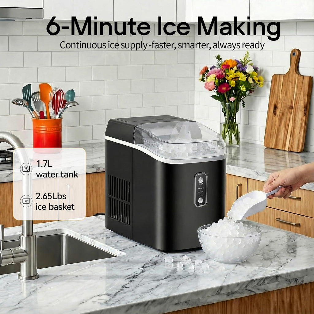Nugget Ice Makers Countertop, Portable Nugget Ice Machine, Ready in 6 Mins, 24lbs in 24Hrs, Auto-Cleaning, with Basket and Scoop, for Home, Kitchen, RV, Camping, Black