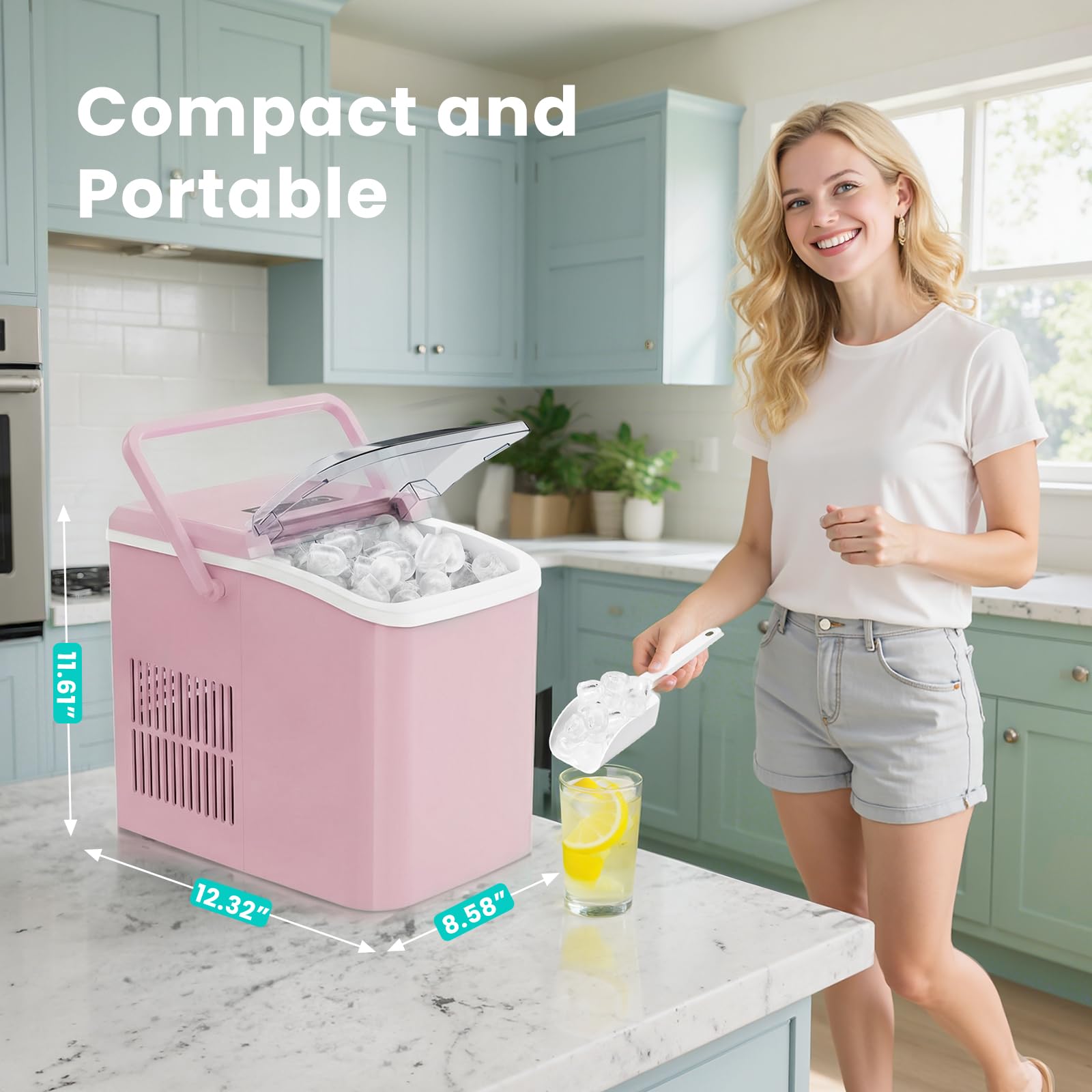 Ice Maker Machine with Handle,26lbs in 24Hrs,9 Ice Cubes in 6 Mins,Auto-Cleaning Portable Ice Maker with Basket and Scoop, Countertop Ice Maker for Home/Kitchen/Camping/RV