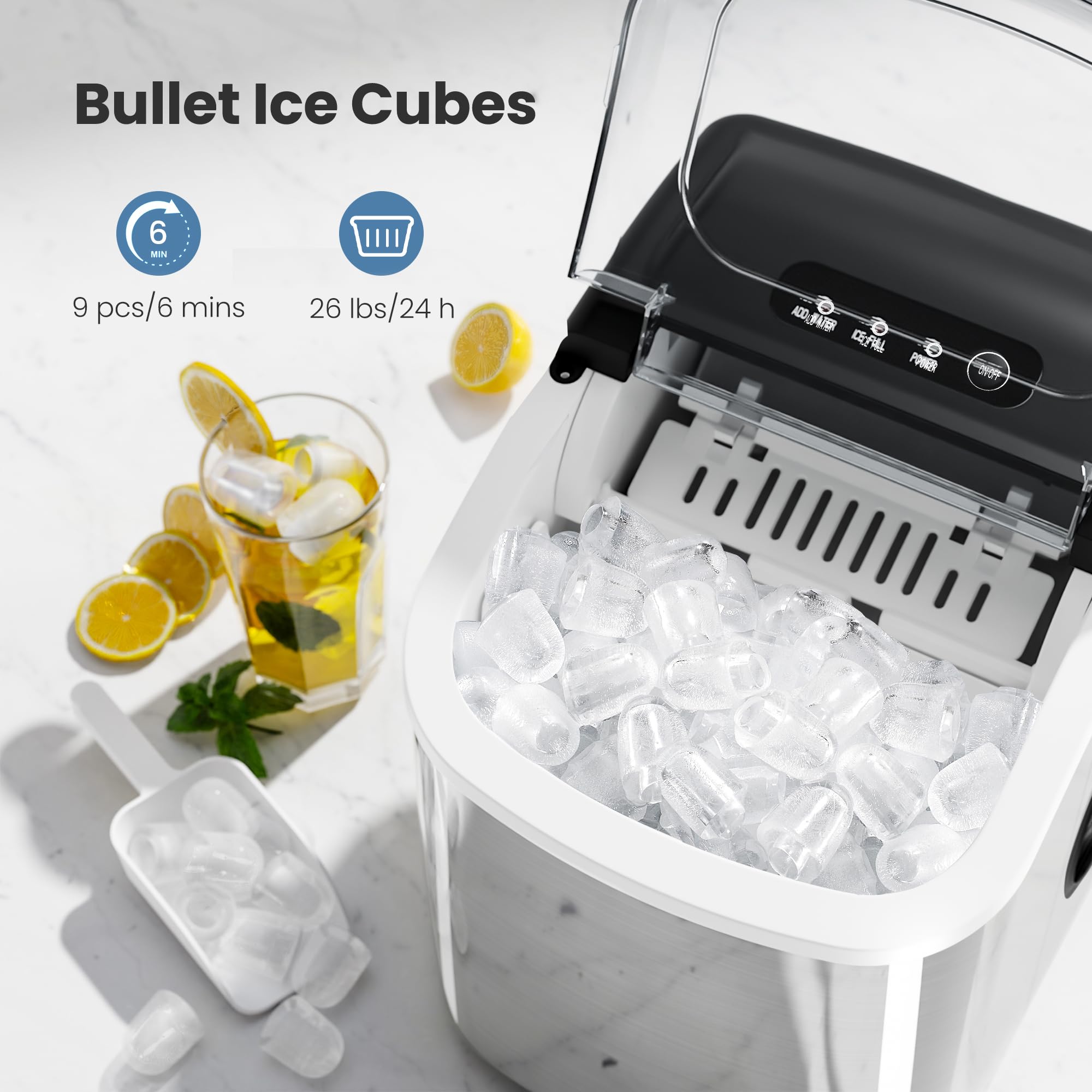 Ice Makers Countertop with Handle, 2 Sizes of Ice, 9 Bullet Ice Cubes in 6 Mins, 26Lbs/24H, Portable Ice Maker with Self-Cleaning, Ice Machine for Home&Kitchen&Office&Party