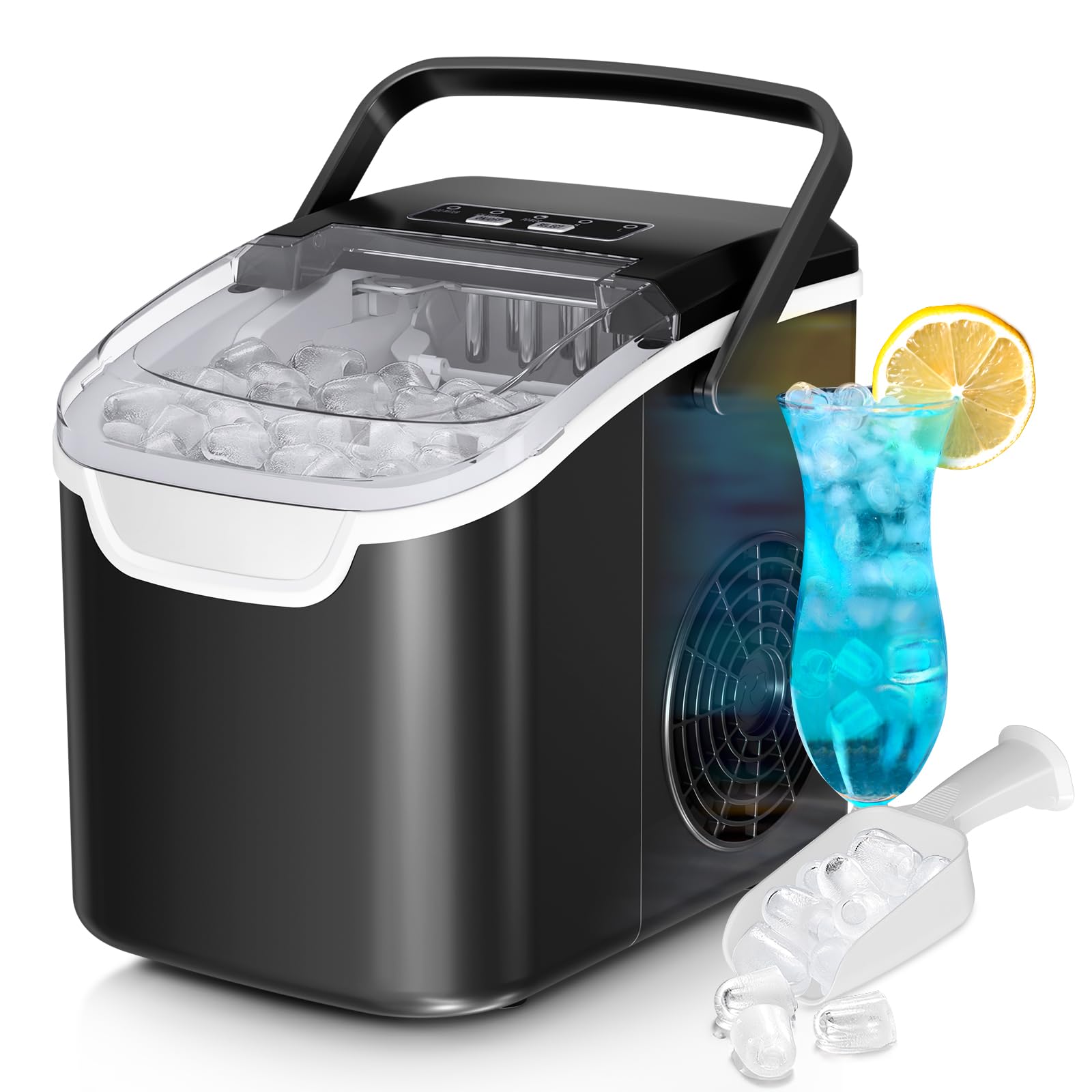Ice Maker Machine, 8 Ice Cubes in 6 mins, 26lb/Day Bullet Ice with 2 Sizes- Portable Mini, Energy Saving & Basket/Scoop for Home/Party/Travel/Camping/Bar,Grey
