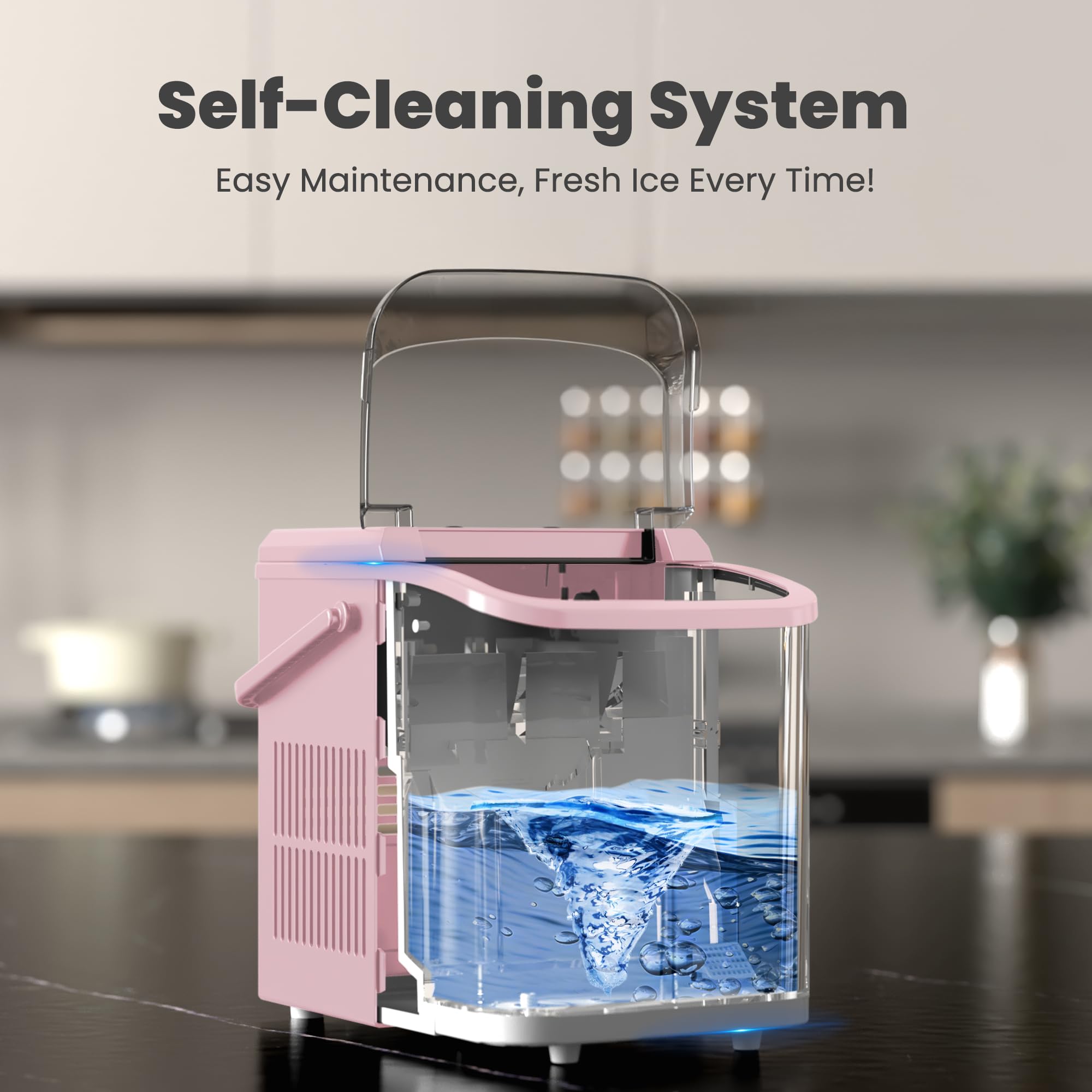 Countertop Ice Maker with Handle, 26lbs/24H Portable Ice Machine, 9 Bullet Ice Cubes Ready in 6 Mins, Self-Cleaning, Quiet Compact Ice Maker for Home, Kitchen, RV, Camping
