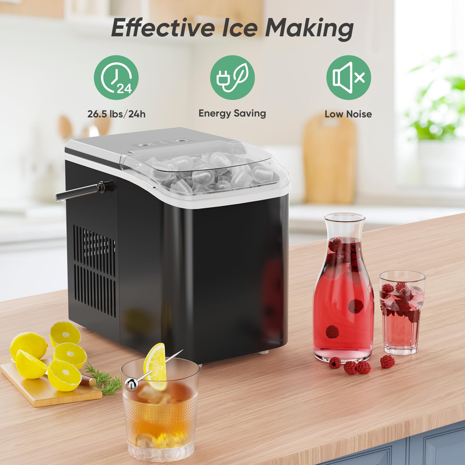 Countertop Ice Maker with Handle, 26lbs/24H Portable Ice Machine, 9 Bullet Cubes Ready in 6 Mins, Self-Cleaning, Quiet Compact for Home, Kitchen, RV, Camping,