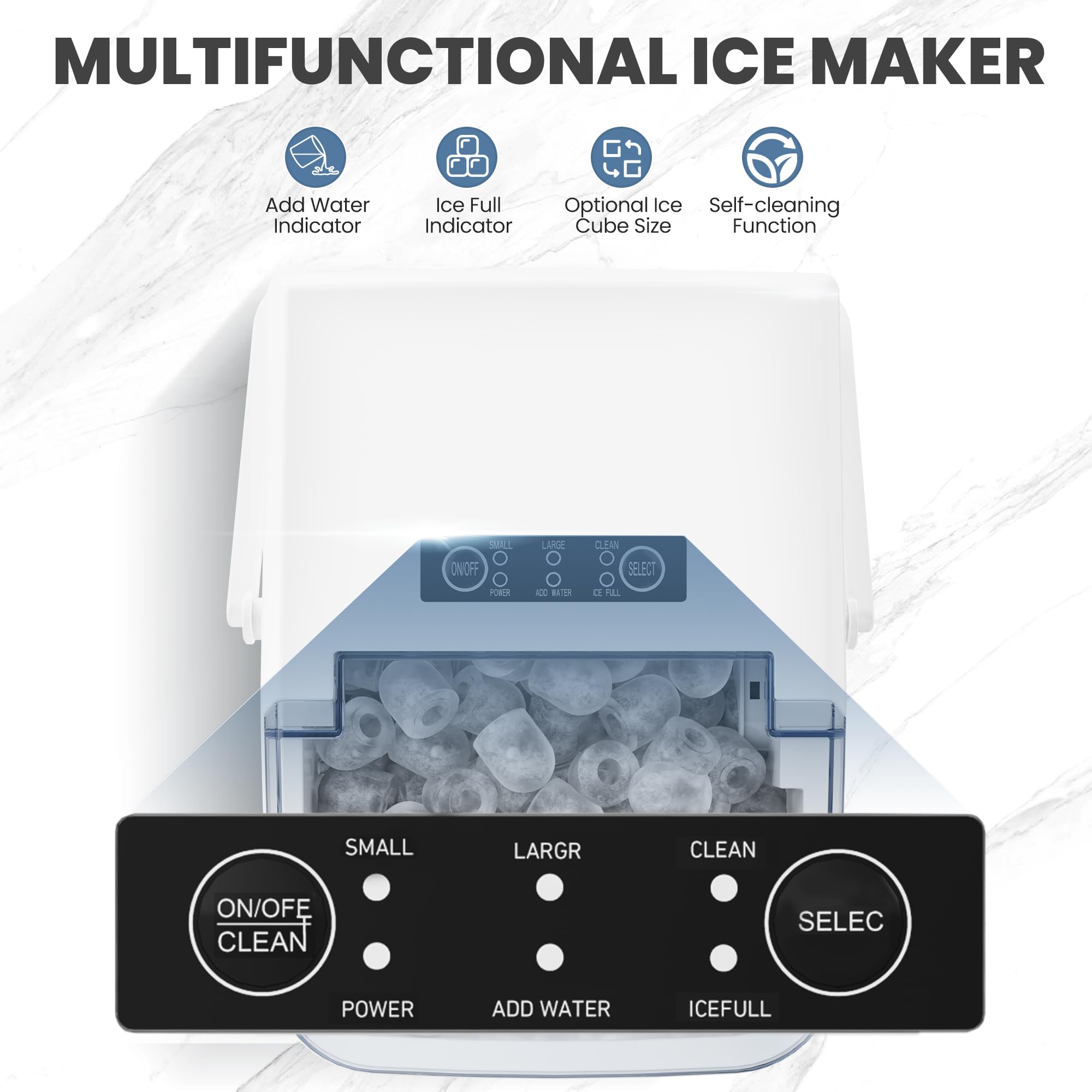 Countertop Ice Maker with Handle, 26lbs/24H Portable Ice Machine, 9 Bullet Ice Cubes Ready in 6 Mins, Self-Cleaning, Quiet Compact Ice Maker for Home, Kitchen, RV, Camping