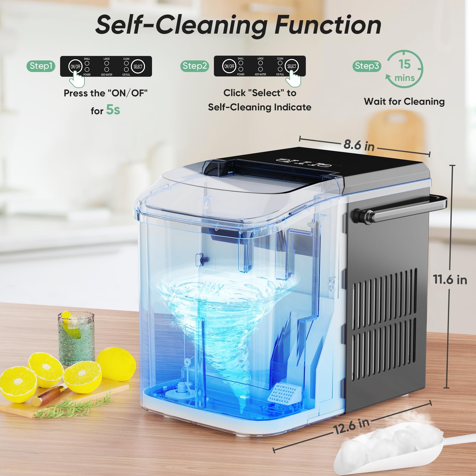 Countertop Ice Maker with Handle, 26lbs/24H Portable Ice Machine, 9 Bullet Cubes Ready in 6 Mins, Self-Cleaning, Quiet Compact for Home, Kitchen, RV, Camping,