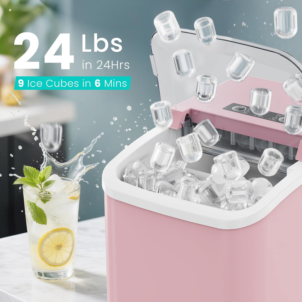 Ice Maker Machine with Handle,26lbs in 24Hrs,9 Ice Cubes in 6 Mins,Auto-Cleaning Portable Ice Maker with Basket and Scoop, Countertop Ice Maker for Home/Kitchen/Camping/RV
