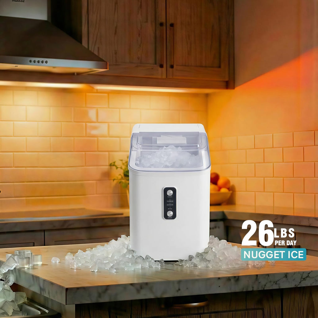 Nugget Ice Makers Countertop, Portable Nugget Ice Machine, Ready in 6 Mins, 24lbs in 24Hrs, Auto-Cleaning, with Basket and Scoop, for Home, Kitchen, RV, Camping, Black