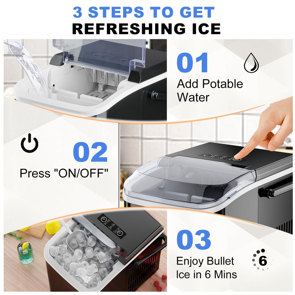 Ice Makers Countertop with Handle, Portable Ice Machine, 9 Bullet Cubes in 6 Mins, 26lbs in 24Hrs, Auto-Cleaning, with Basket and Scoop, for Home, Kitchen, RV, Camping,