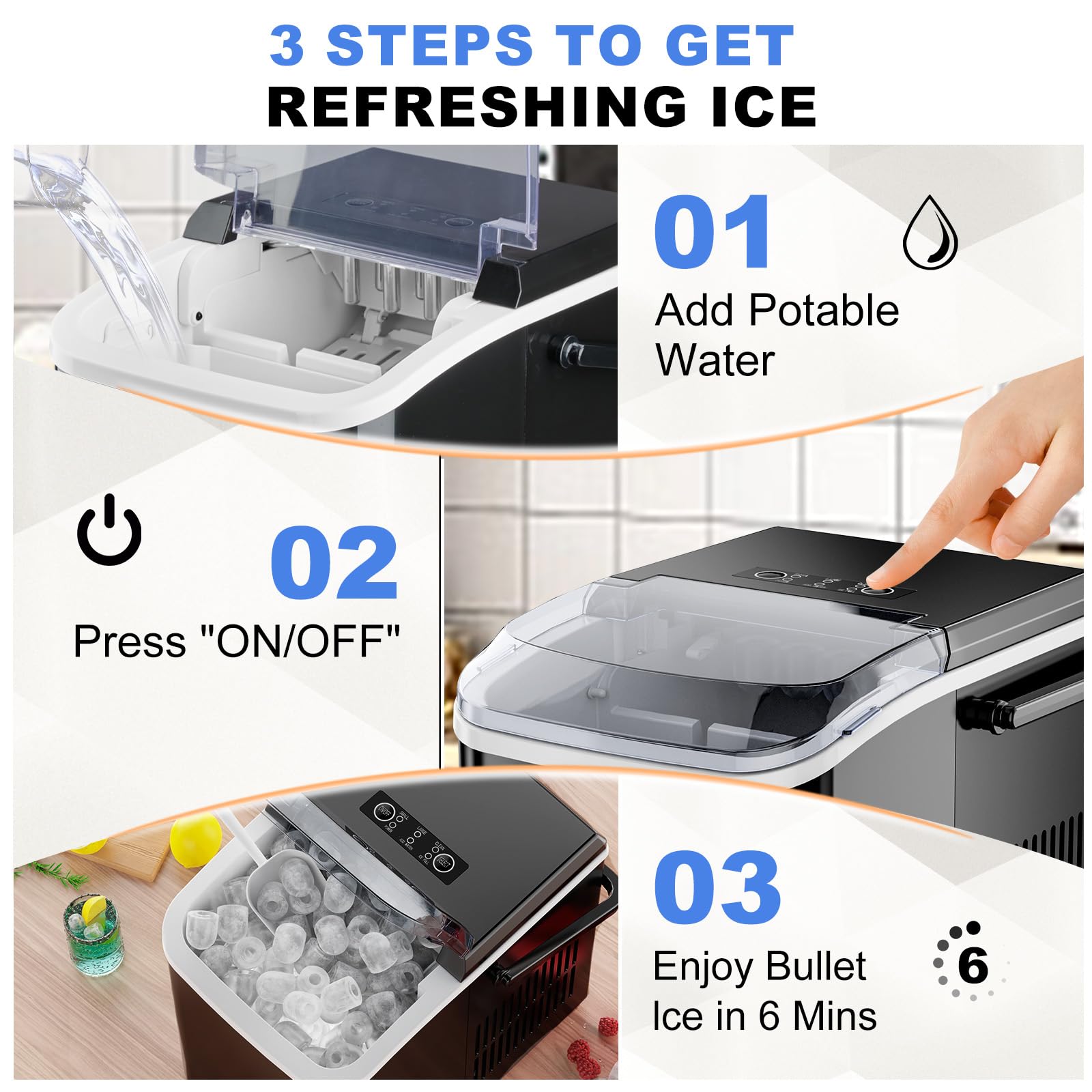 Ice Makers Countertop with Handle, Portable Ice Machine, 9 Bullet Cubes in 6 Mins, 26lbs in 24Hrs, Auto-Cleaning, with Basket and Scoop, for Home, Kitchen, RV, Camping,