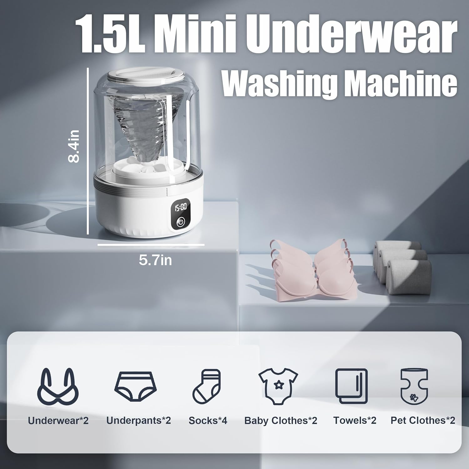 Underwear Washing Machine, Upgrade 1.5L Mini Portable Washing Machine Rechargeable Underwear Washer Deep Cleans Small Clothes for Apartment, Dorm, RV, Travel & Hotel Use
