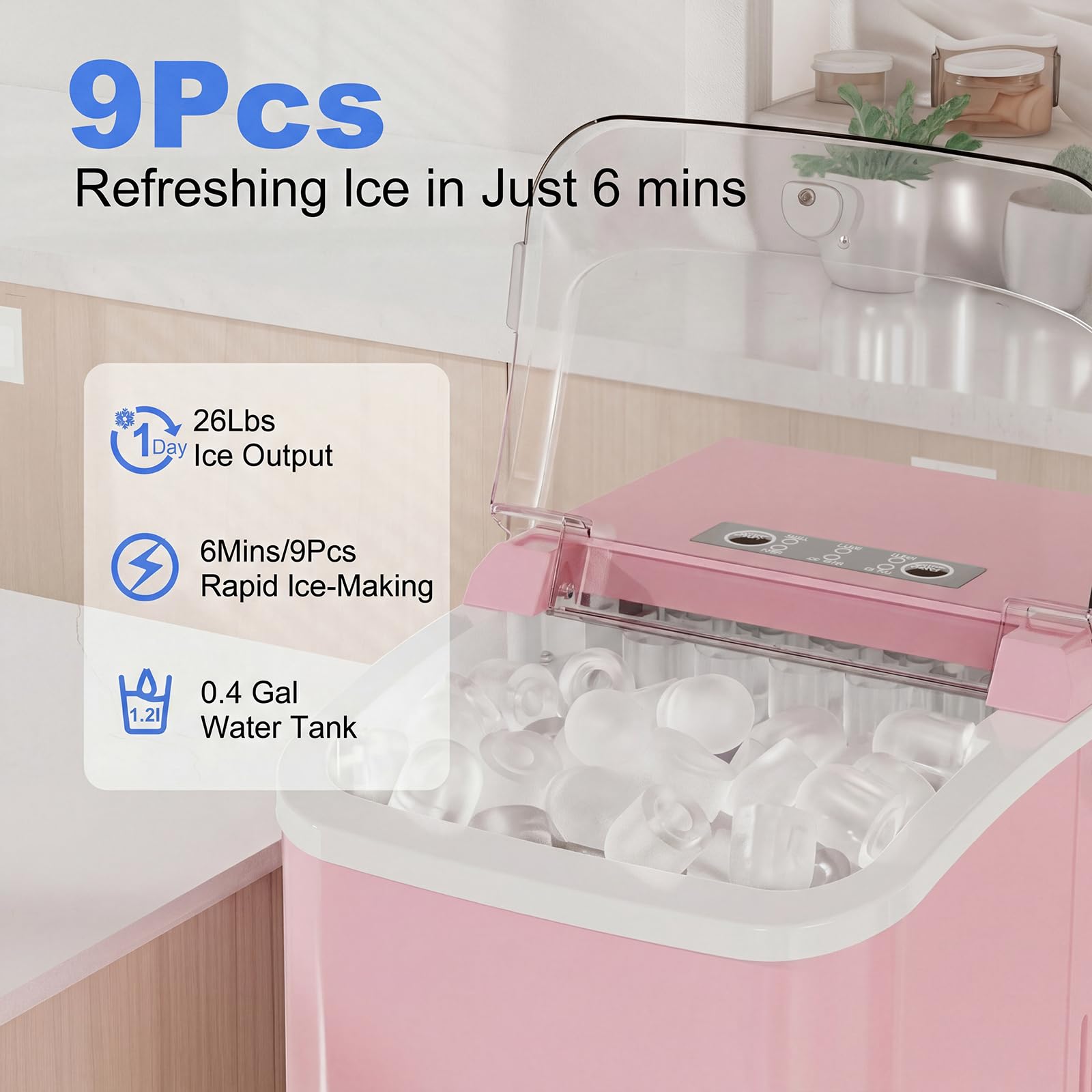 Ice Makers Countertop with Handle, Portable Ice Machine, 9 Bullet Cubes in 6 Mins, 26lbs in 24Hrs, Auto-Cleaning, with Basket and Scoop, for Home, Kitchen, RV, Camping,
