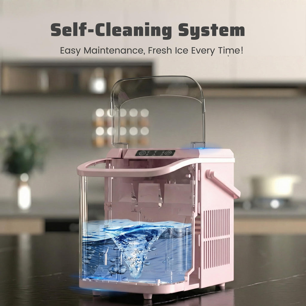 Ice Makers Countertop with Handle, Portable Ice Machine, 9 Bullet Cubes in 6 Mins, 26lbs in 24Hrs, Auto-Cleaning, with Basket and Scoop, for Home, Kitchen, RV, Camping,