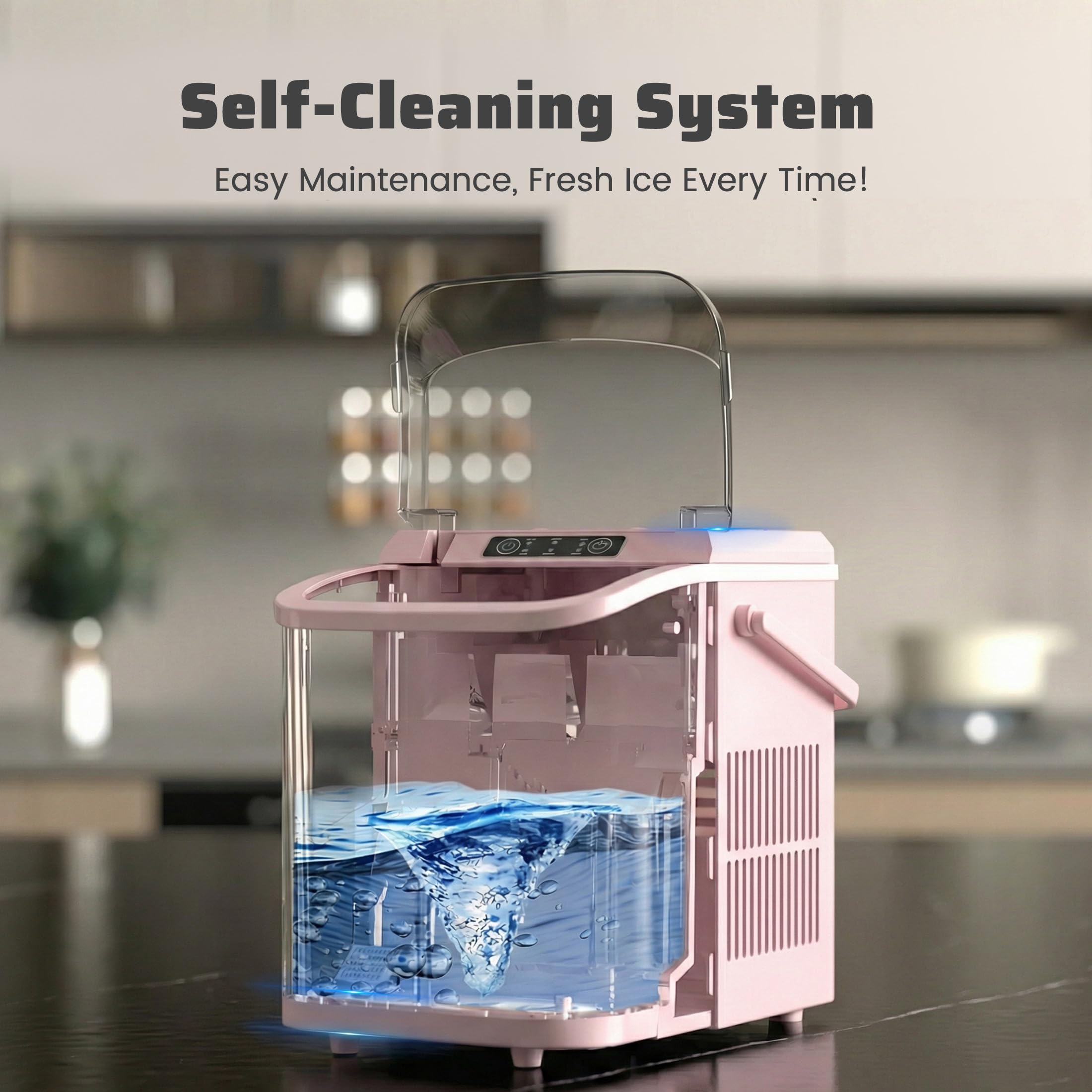 Ice Makers Countertop with Handle, Portable Ice Machine, 9 Bullet Cubes in 6 Mins, 26lbs in 24Hrs, Auto-Cleaning, with Basket and Scoop, for Home, Kitchen, RV, Camping,