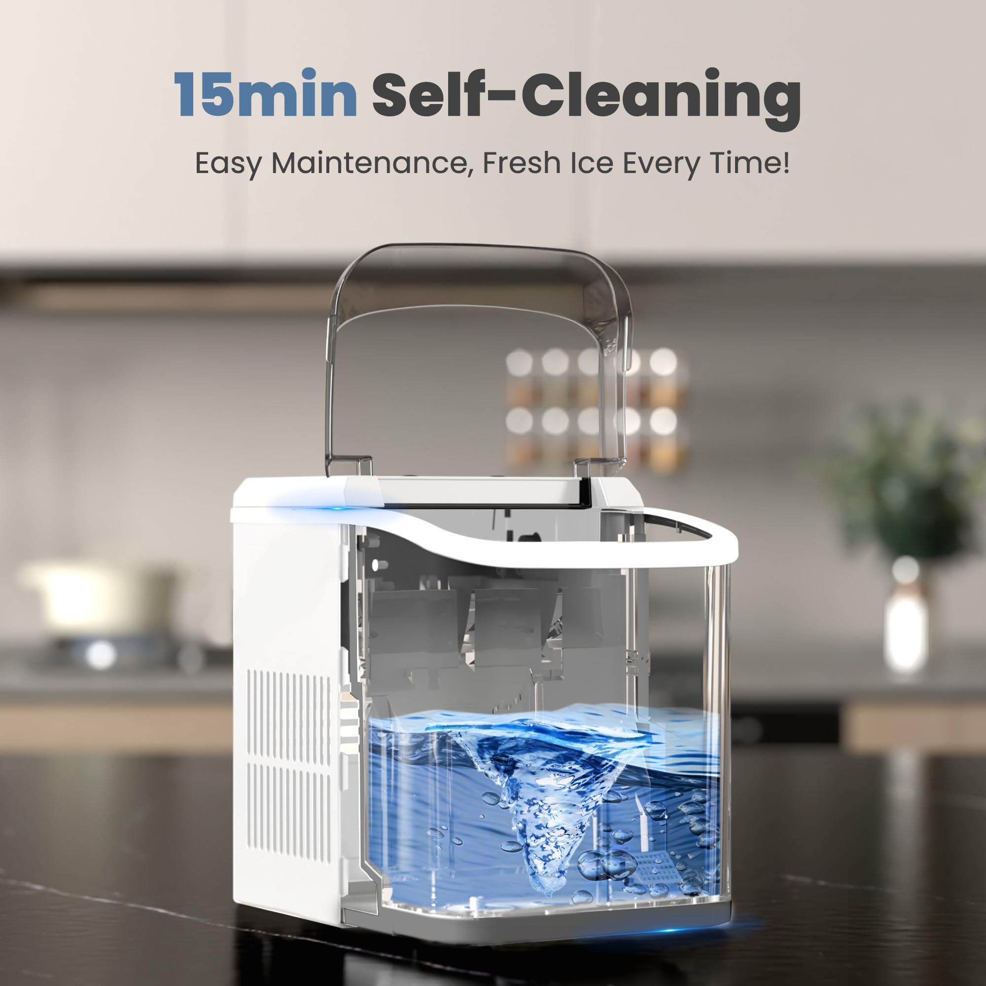 Countertop Ice Maker with Handle, 26lbs/24H Portable Ice Machine, 9 Bullet Cubes Ready in 6 Mins, Self-Cleaning, Quiet Compact for Home, Kitchen, RV, Camping,