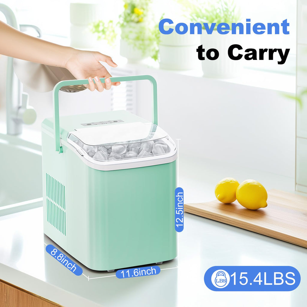 Ice Makers Countertop with Handle, Portable Ice Machine, 9 Bullet Cubes in 6 Mins, 26lbs in 24Hrs, Auto-Cleaning, with Basket and Scoop, for Home, Kitchen, RV, Camping,
