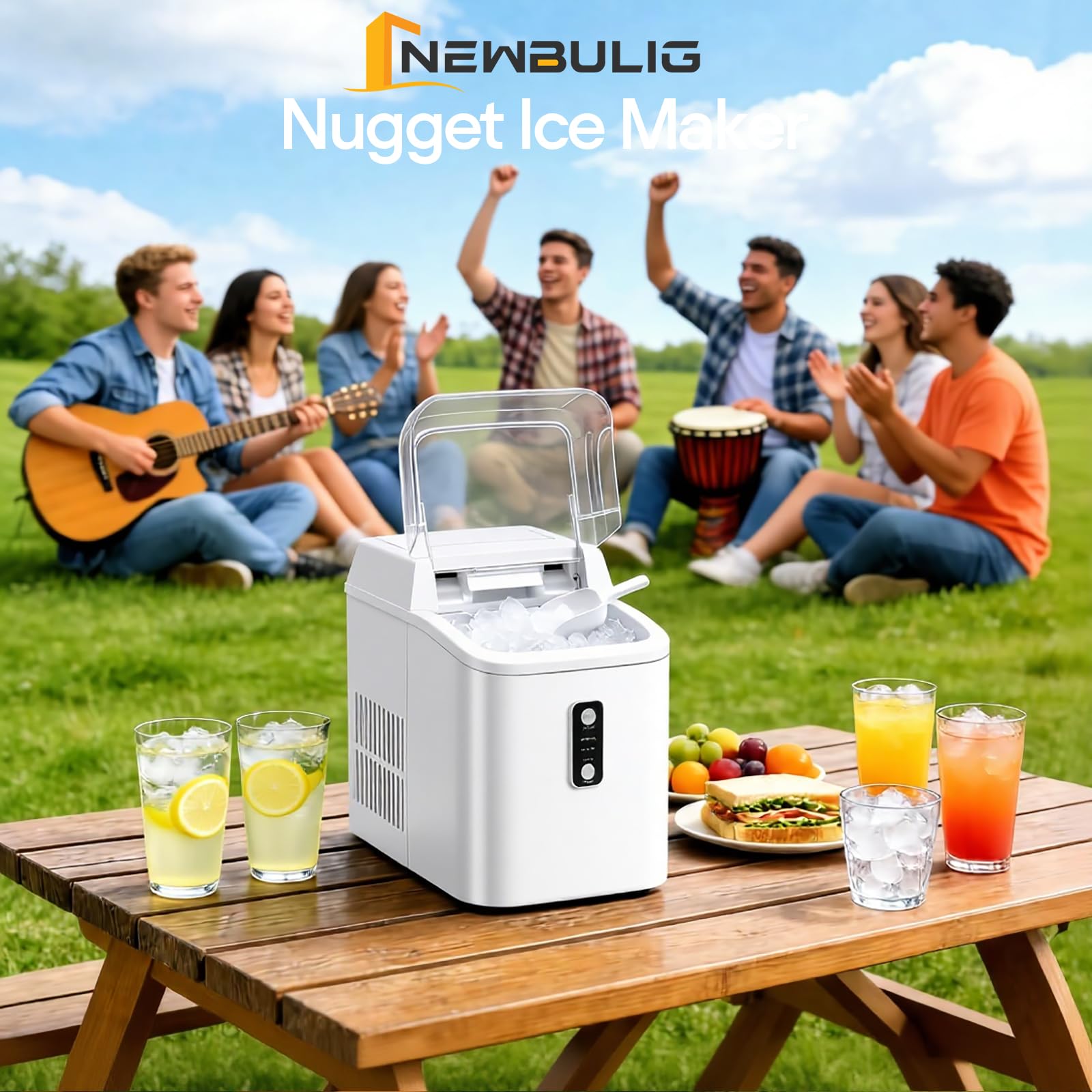 Nugget Ice Makers Countertop, Portable Nugget Ice Machine, Ready in 6 Mins, 24lbs in 24Hrs, Auto-Cleaning, with Basket and Scoop, for Home, Kitchen, RV, Camping, Black