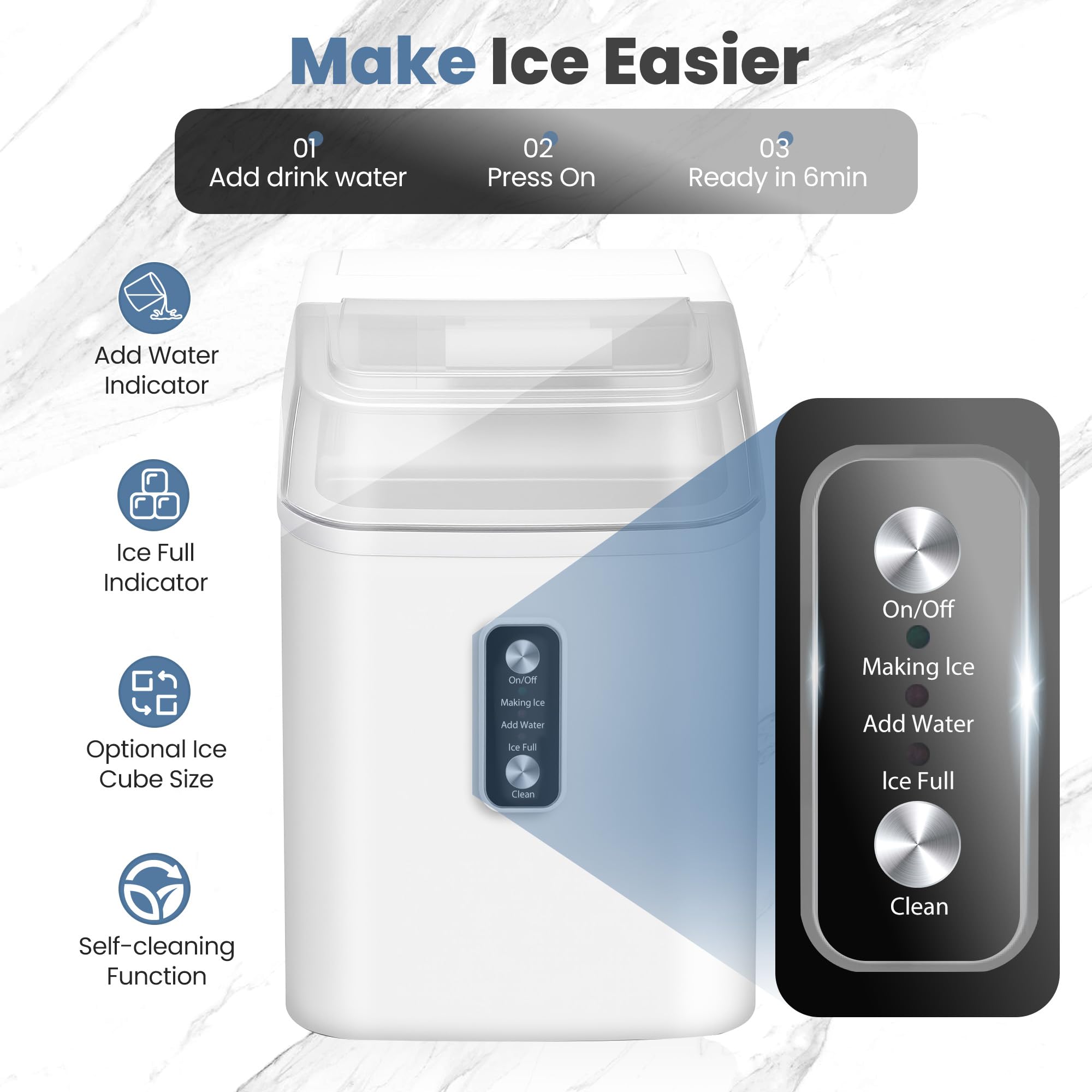 Countertop Ice Maker with Handle, 26lbs/24H Portable Ice Machine, 9 Bullet Cubes Ready in 6 Mins, Self-Cleaning, Quiet Compact for Home, Kitchen, RV, Camping,