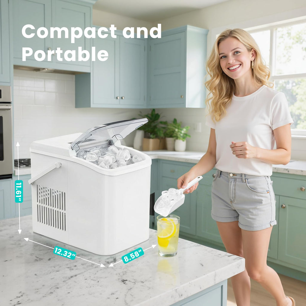 Ice Maker Machine with Handle,26lbs in 24Hrs,9 Ice Cubes in 6 Mins,Auto-Cleaning Portable Ice Maker with Basket and Scoop, Countertop Ice Maker for Home/Kitchen/Camping/RV