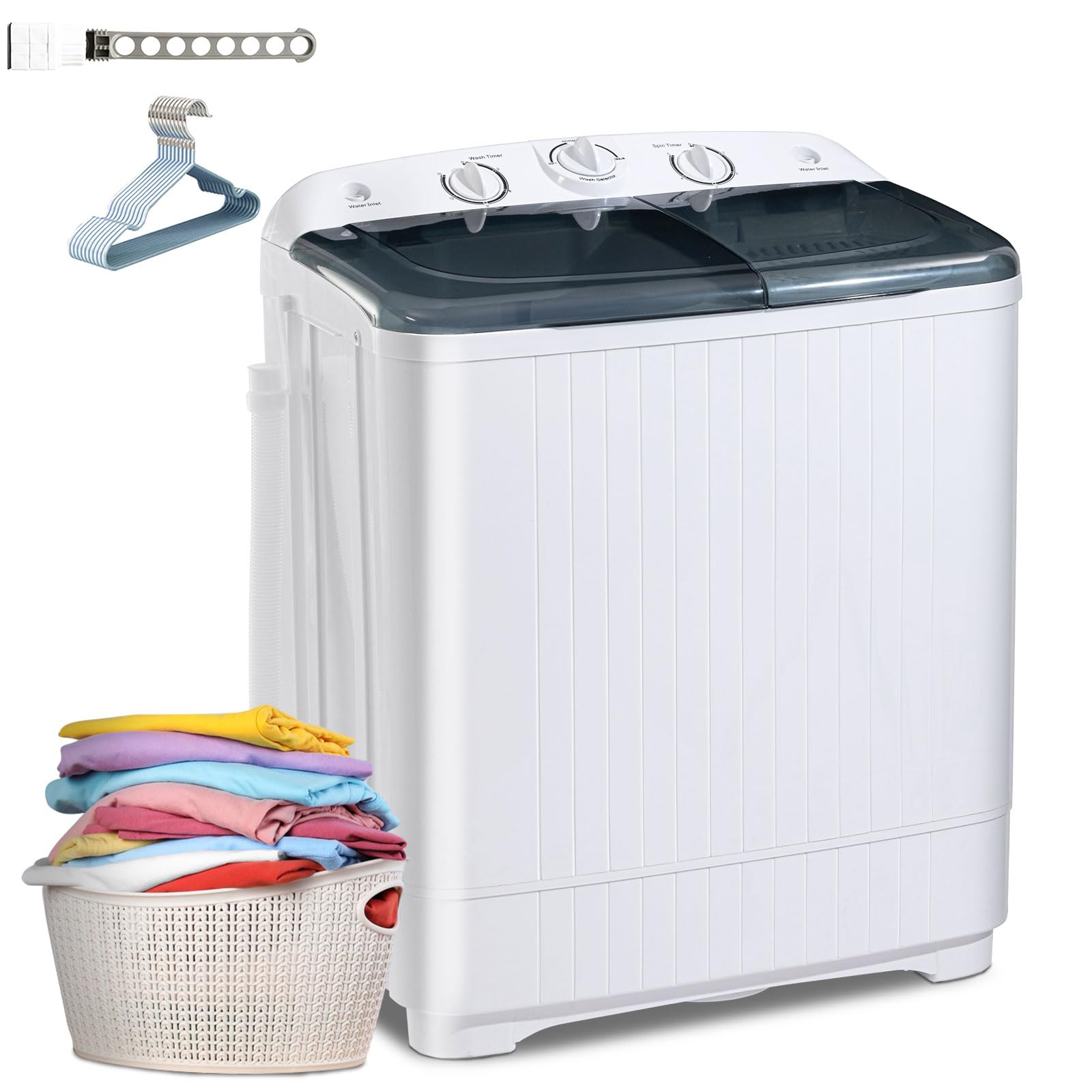 Portable Twin Tub 18lbs Washing Machine with Drying Rack and 10 Hangers, 11lbs Washer Mini Compact Laundry Machine with 7lbs Spinner, Semi-automatic Washer Combo for Dorms, Apartment
