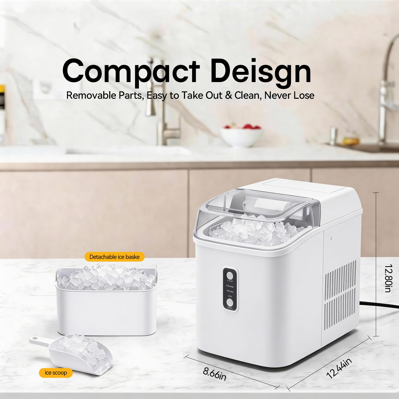 Nugget Ice Makers Countertop, Portable Nugget Ice Machine, Ready in 6 Mins, 24lbs in 24Hrs, Auto-Cleaning, with Basket and Scoop, for Home, Kitchen, RV, Camping, Black