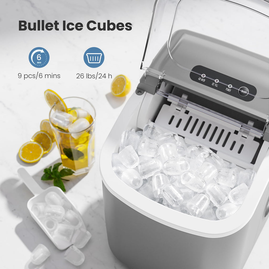 Ice Makers Countertop with Handle, 2 Sizes of Ice, 9 Bullet Ice Cubes in 6 Mins, 26Lbs/24H, Portable Ice Maker with Self-Cleaning, Ice Machine for Home&Kitchen&Office&Party