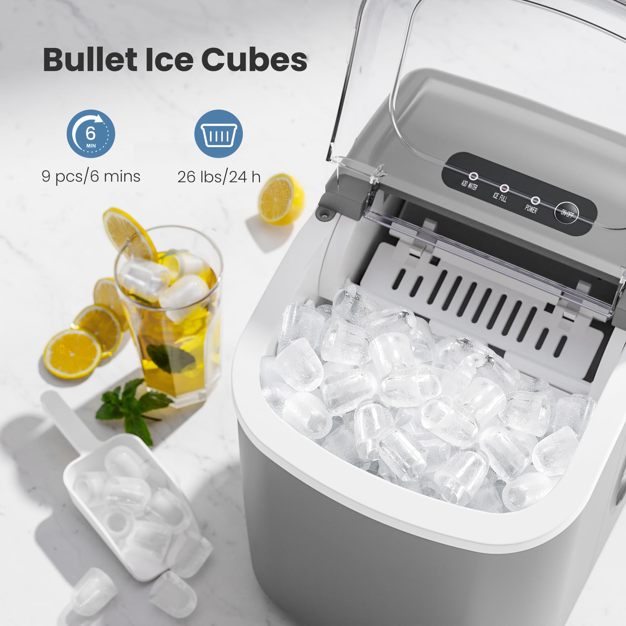 Ice Makers Countertop with Handle, 2 Sizes of Ice, 9 Bullet Ice Cubes in 6 Mins, 26Lbs/24H, Portable Ice Maker with Self-Cleaning, Ice Machine for Home&Kitchen&Office&Party