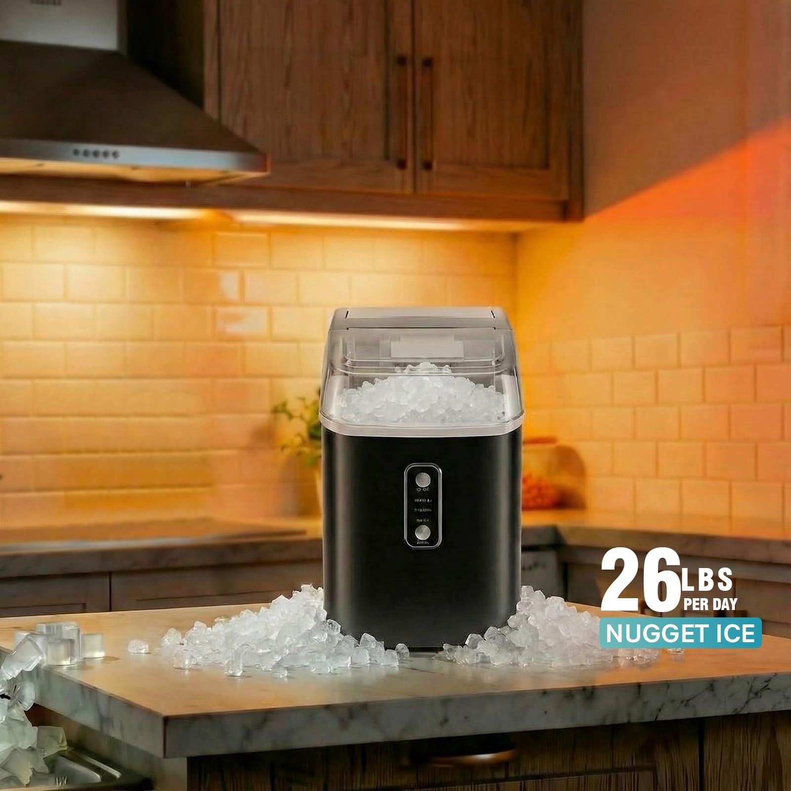 Nugget Ice Makers Countertop, Portable Nugget Ice Machine, Ready in 6 Mins, 24lbs in 24Hrs, Auto-Cleaning, with Basket and Scoop, for Home, Kitchen, RV, Camping, Black