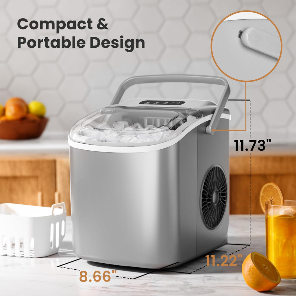 Ice Makers Countertop with Handle, 2 Sizes of Ice, 9 Bullet Ice Cubes in 6 Mins, 26Lbs/24H, Portable Ice Maker with Self-Cleaning, Ice Machine for Home&Kitchen&Office&Party