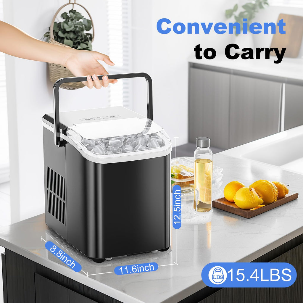 Ice Makers Countertop with Handle, Portable Ice Machine, 9 Bullet Cubes in 6 Mins, 26lbs in 24Hrs, Auto-Cleaning, with Basket and Scoop, for Home, Kitchen, RV, Camping,