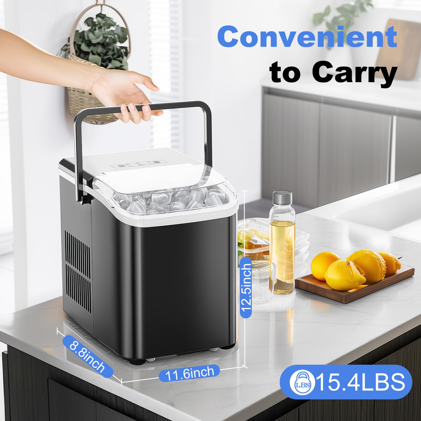 Ice Makers Countertop with Handle, Portable Ice Machine, 9 Bullet Cubes in 6 Mins, 26lbs in 24Hrs, Auto-Cleaning, with Basket and Scoop, for Home, Kitchen, RV, Camping,