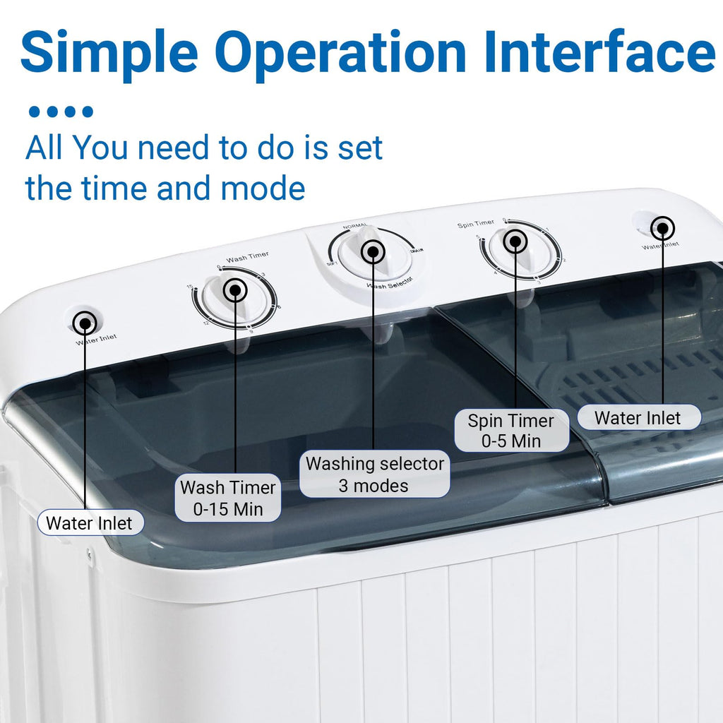 Portable Twin Tub 18lbs Washing Machine with Drying Rack and 10 Hangers, 11lbs Washer Mini Compact Laundry Machine with 7lbs Spinner, Semi-automatic Washer Combo for Dorms, Apartment