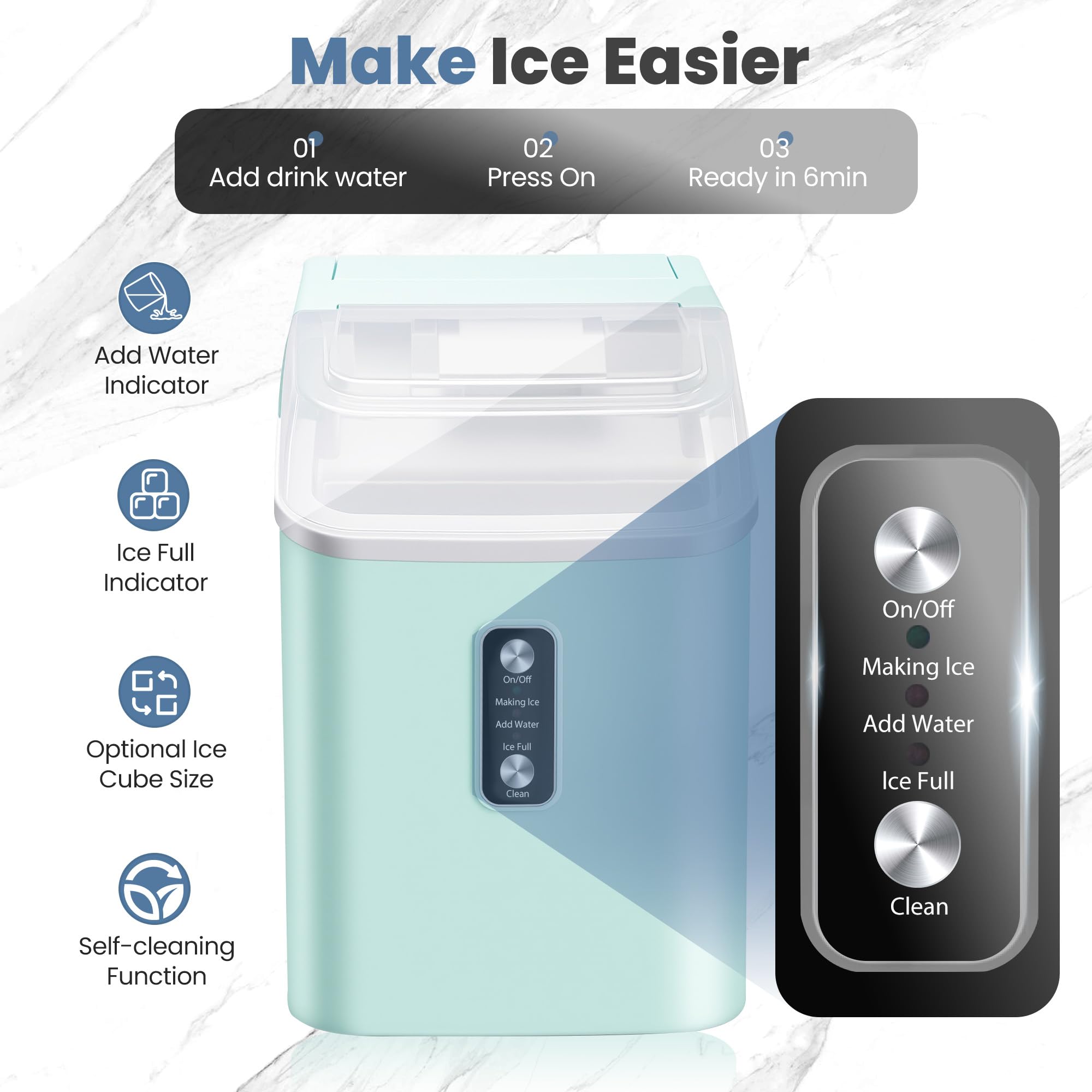 Countertop Ice Maker with Handle, 26lbs/24H Portable Ice Machine, 9 Bullet Cubes Ready in 6 Mins, Self-Cleaning, Quiet Compact for Home, Kitchen, RV, Camping,
