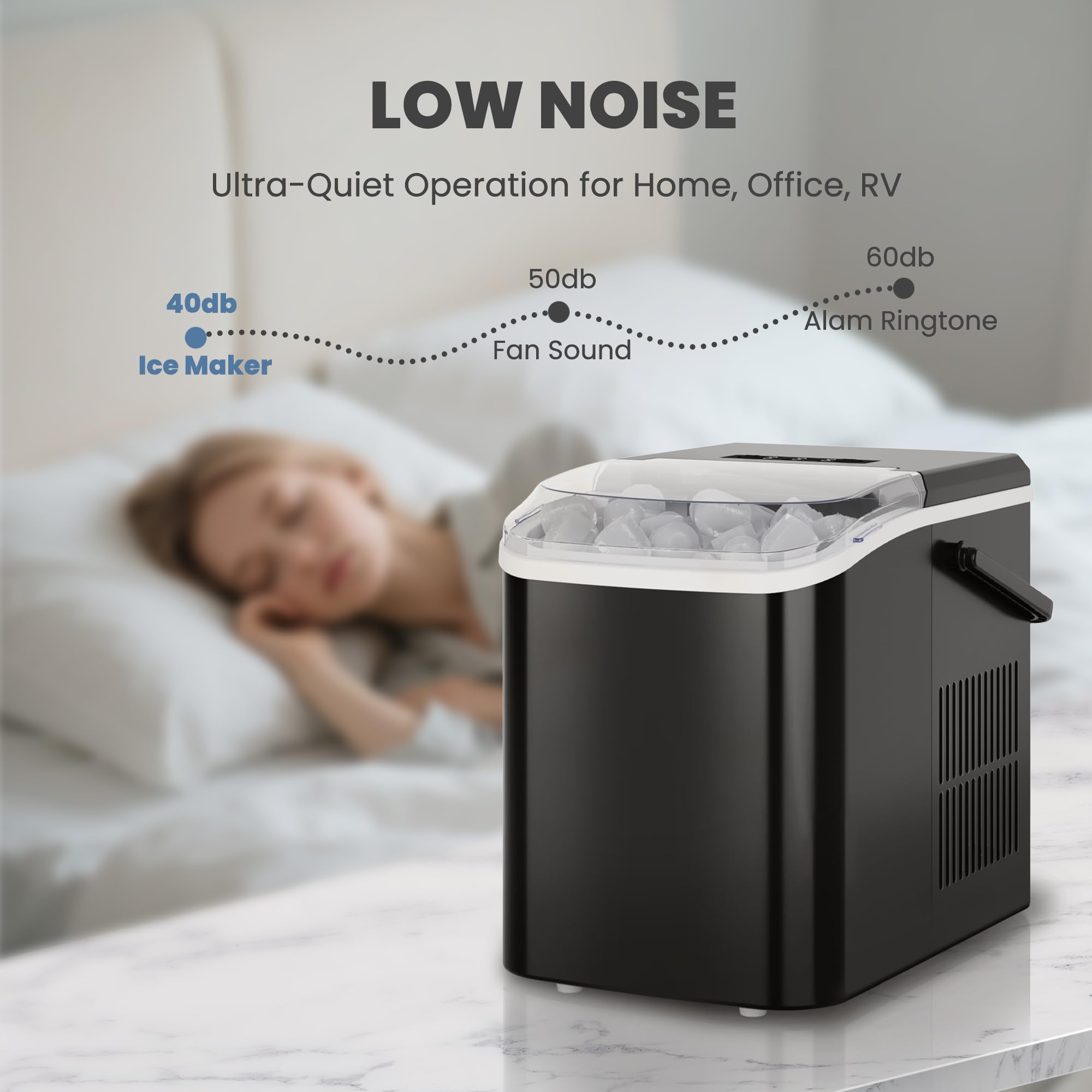 Countertop Ice Maker with Handle, 26lbs/24H Portable Ice Machine, 9 Bullet Ice Cubes Ready in 6 Mins, Self-Cleaning, Quiet Compact Ice Maker for Home, Kitchen, RV, Camping