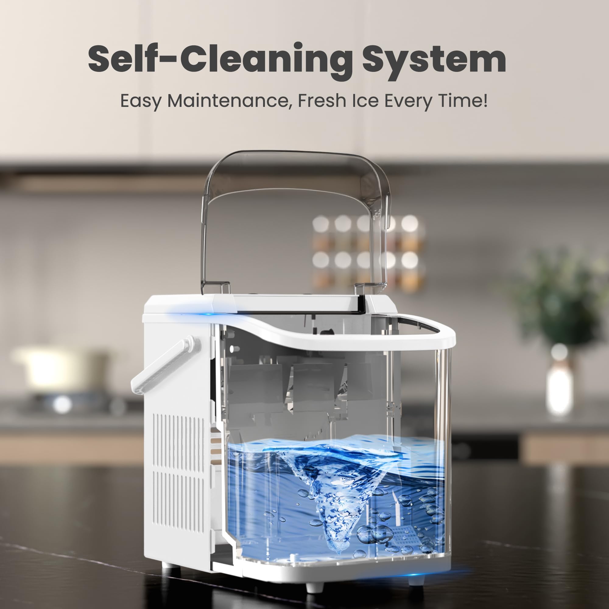 Countertop Ice Maker with Handle, 26lbs/24H Portable Ice Machine, 9 Bullet Ice Cubes Ready in 6 Mins, Self-Cleaning, Quiet Compact Ice Maker for Home, Kitchen, RV, Camping